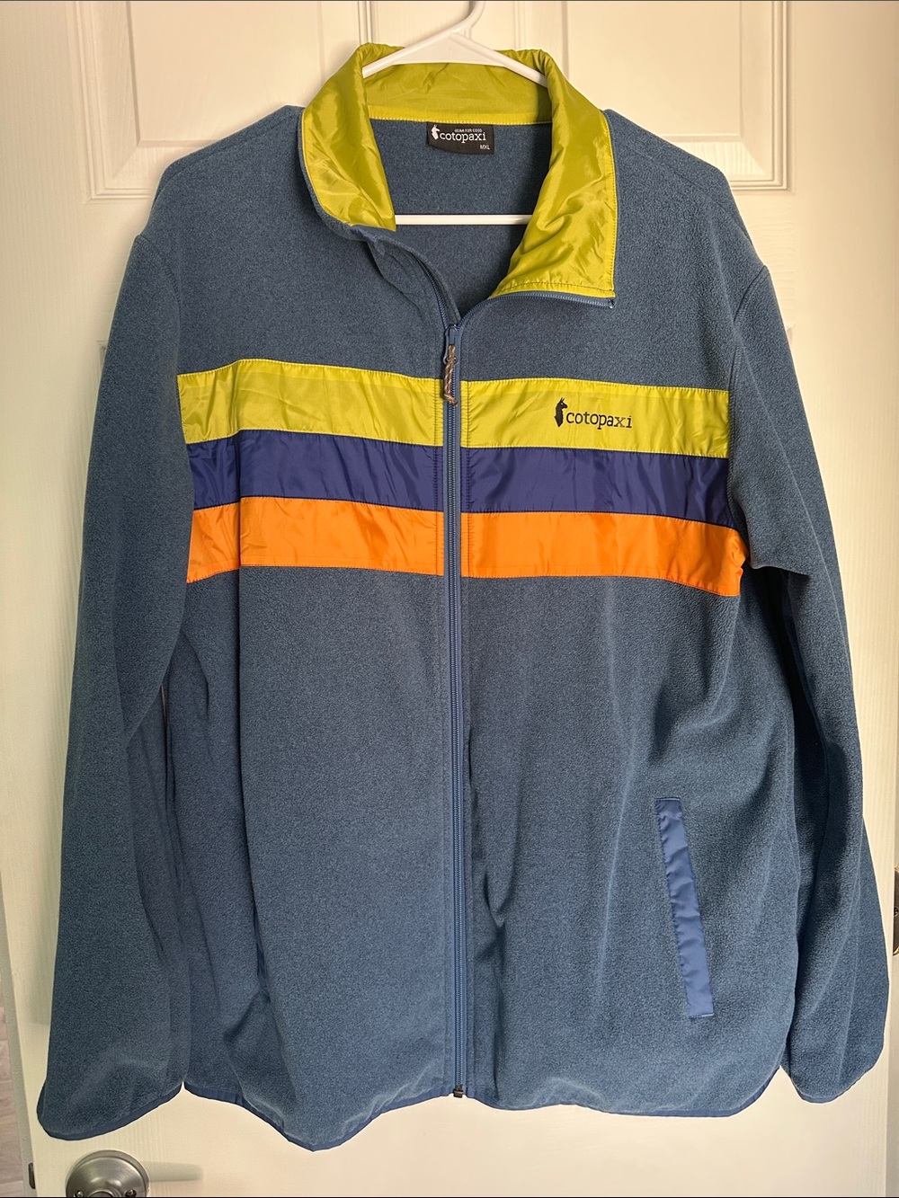 cotopaxi Blue Fleece Jacket with Lime, Navy & Orange Stripes